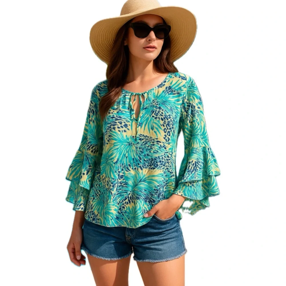 Chico’s Blouse Tropical Leopard Semi Sheer Ruffle Sleeve Green Blue 12 Large L - Picture 11 of 11